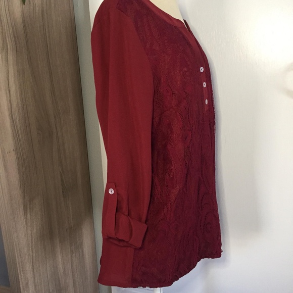 Maroon Lace Sheer Long Sleeve Blouse Button Detail - Picture 2 of 6